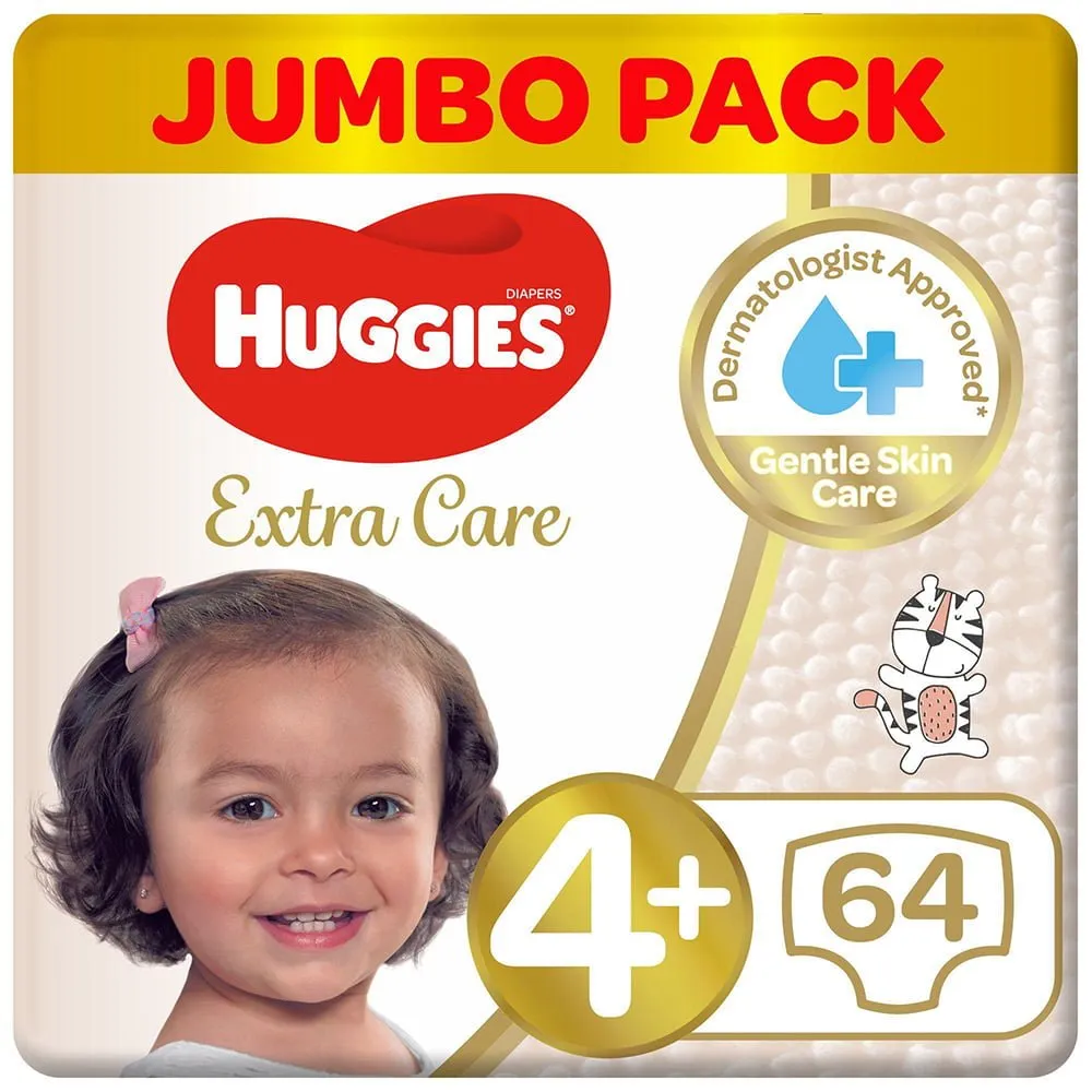 HuggiesPremiumCareDiapersSize4JumboPack-64Count.webp هجيز حفاضات أطفال عناية فائقة مقاس +4 عبوة جامبو - 64 قطعة - الصورة 1