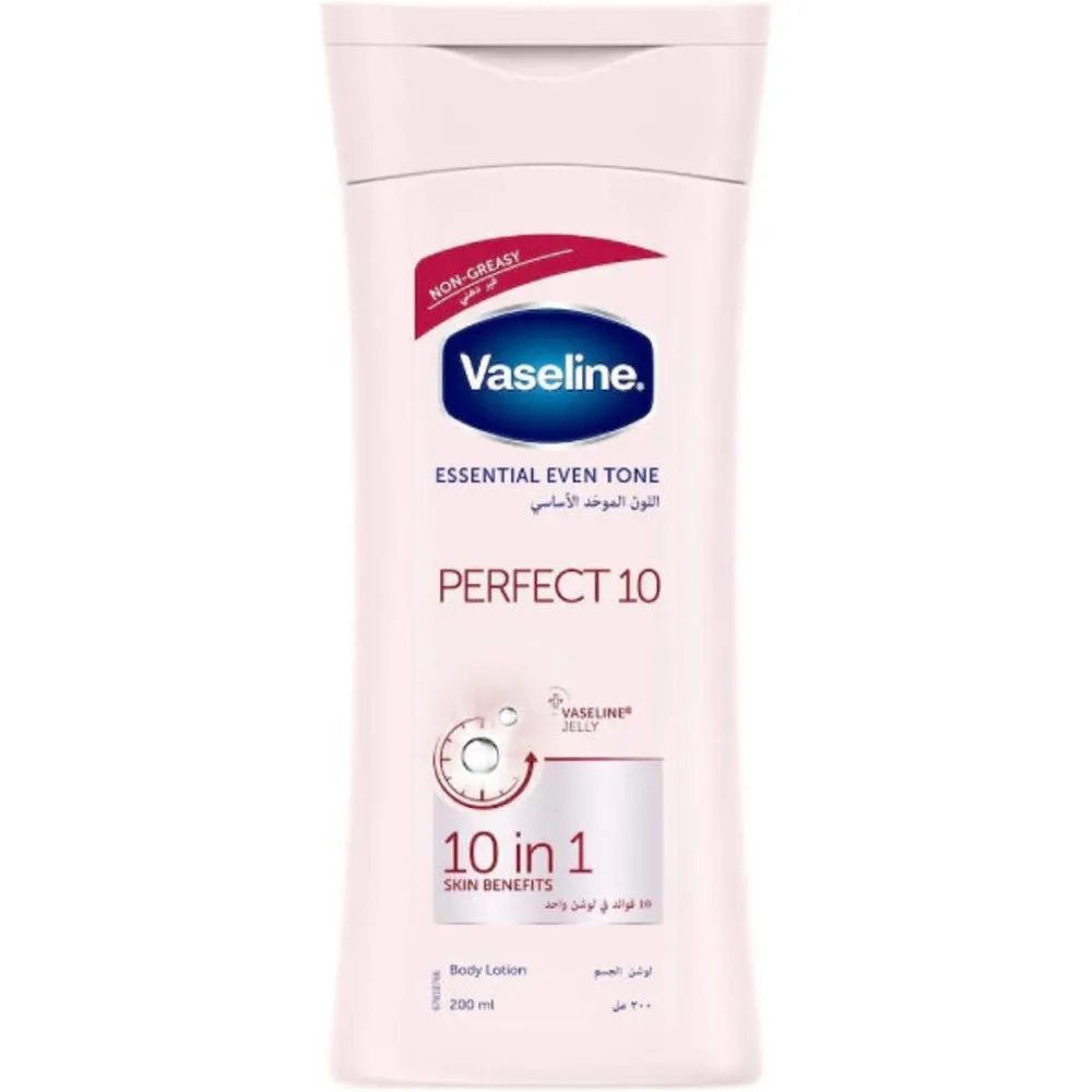VaselineBodyLotion200mlEssentialEvenTonePerfect10New.webp فازلين لوشن جسم 200 مل اللون الموحد الاساسي بيرفكت 10 جديد - الصورة 1